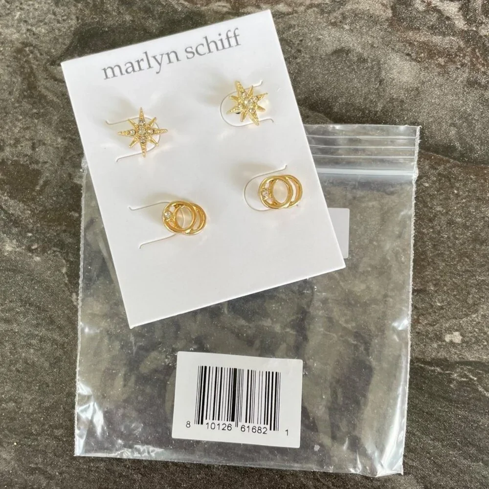 Marlyn Schiff Starburst and Infinity Gold Stud Earring Set w/ Rhinestone Center